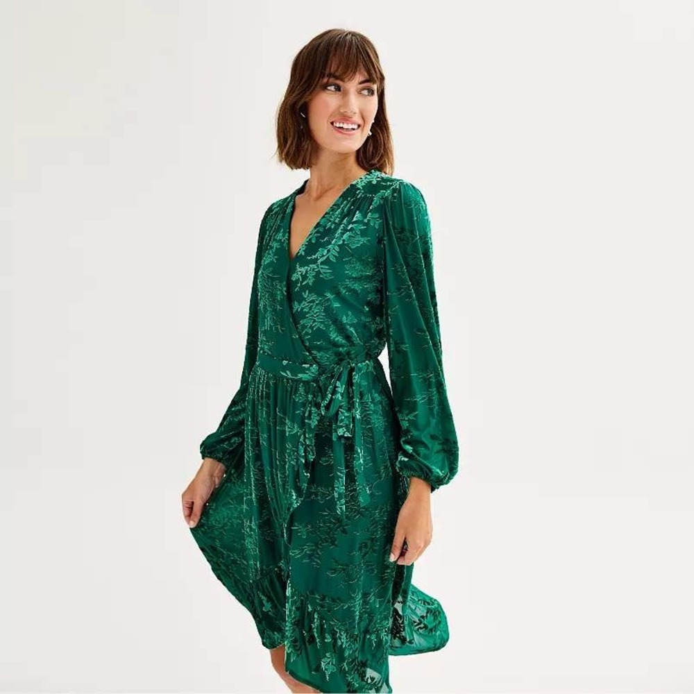 Draper James RSVP‎ Wrap Dress Women XXL Green Floral Burnout Velvet Ruffle Hem
